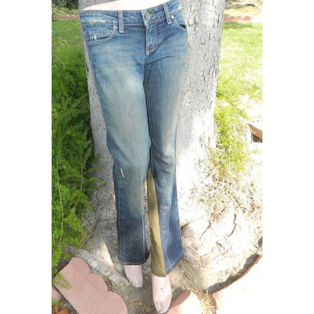 Paige Jeans Laurel‎ Canyon Size 26  Flare Distressed Green Jersey Inserts